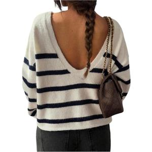 GORGLITTER Women's Oversized Striped Sweater Fuzzy Backless Long Sleeve Crew Neck Pullover (S)