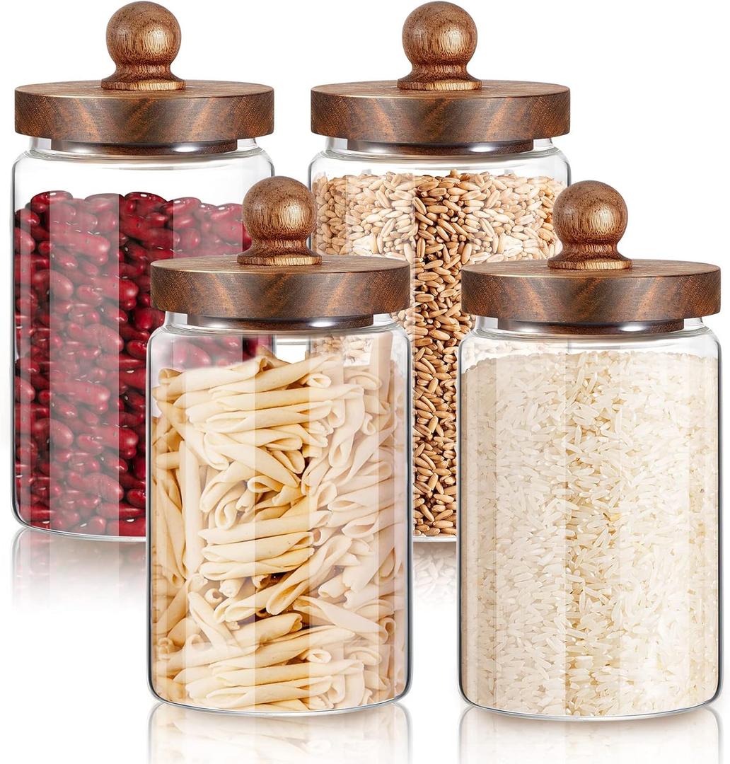 Gerrii 4 Pcs 32 oz Glass Food Storage Jar with Acacia Wood Lids Airtight Sealed Clear Glass Canisters Air Tight Glass Container Jar for Coffee Beans Nuts Loose Leaf Tea Sugar Spice Candy Rice Pasta