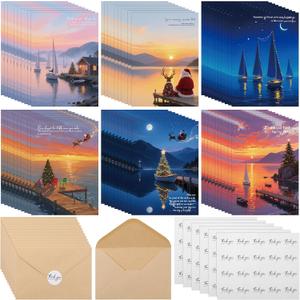 Marspark 54 Set Boating Christmas Greeting Cards Employee Nautical Appreciation Gift Bulk Xmas Post Card with Envelopes and Sticker Holiday Party Favor for Coworker Office Staff Team Group, 6 Styles