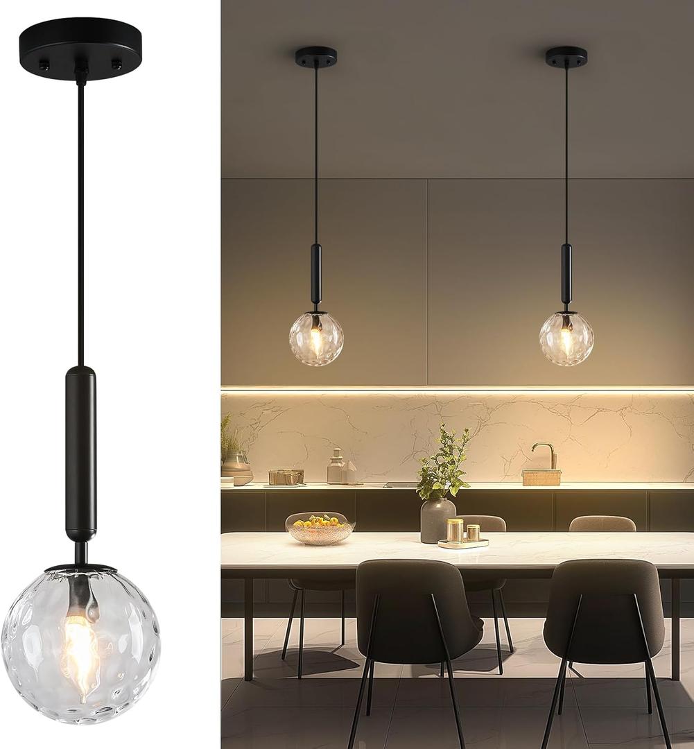 Modern Black Pendant Light Hanging Fixture Light for Kitchen Island Mid Century with Globe Pendant Light Clear Glass Pendant Lighting for Living Room Bedroom Entryway (2 Pack)