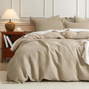SE SOFTEXLY Waffle Duvet Cover King, 100% Cotton Waffle Weave Bedding Duvet Cover Set, Soft and Breathable Comforter Cover for All Season, 3 Pieces Including Pillow ShamsKhaki, 104x90