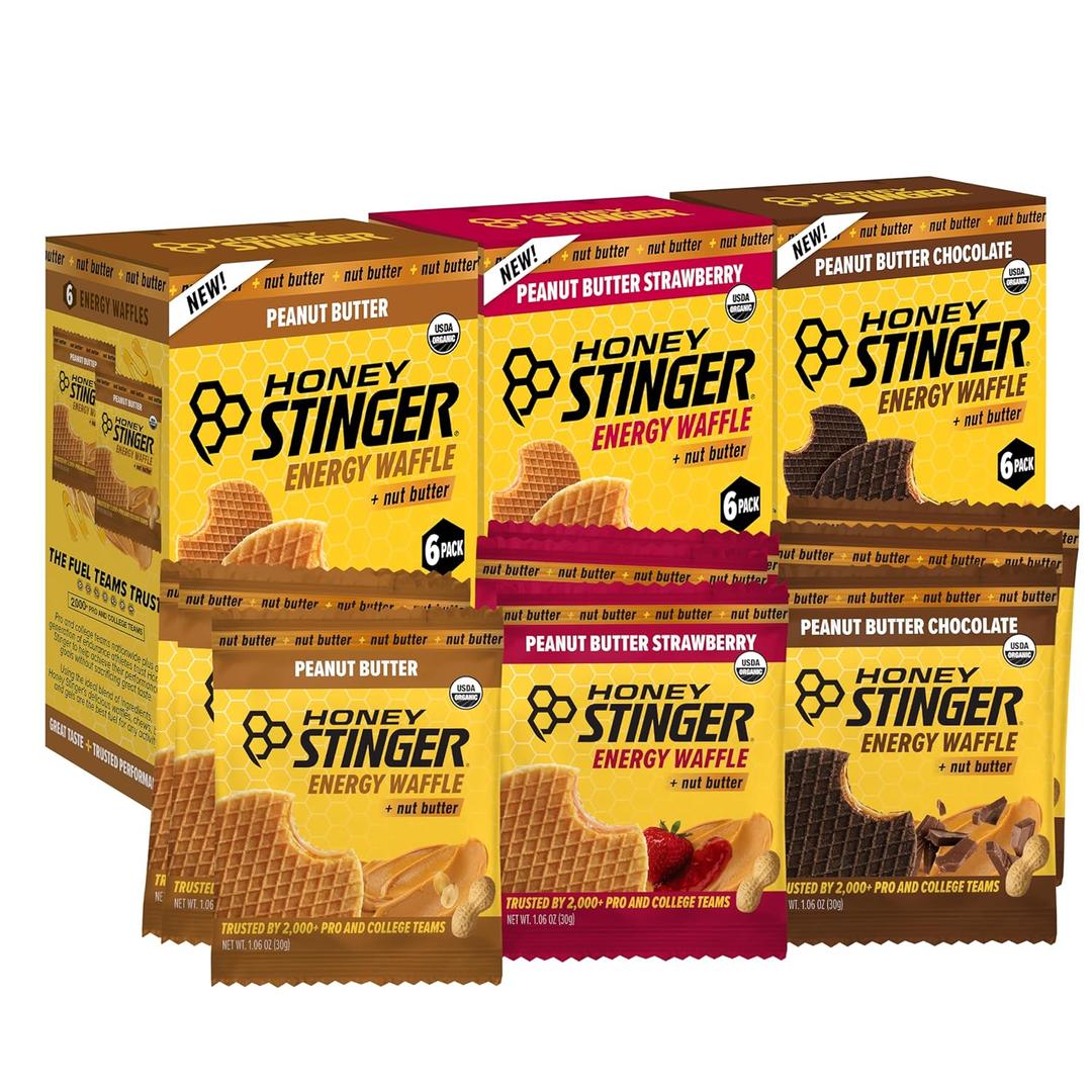 Honey Stinger Organic Peanut Butter Energy Waffle Variety Pack, 6 Pack Each of Peanut Butter, PB Chocolate and PB Strawberry, Nutritious Stroopwafel Snack for Exercise, Endurance and Performance, Best By: 06-05-2026