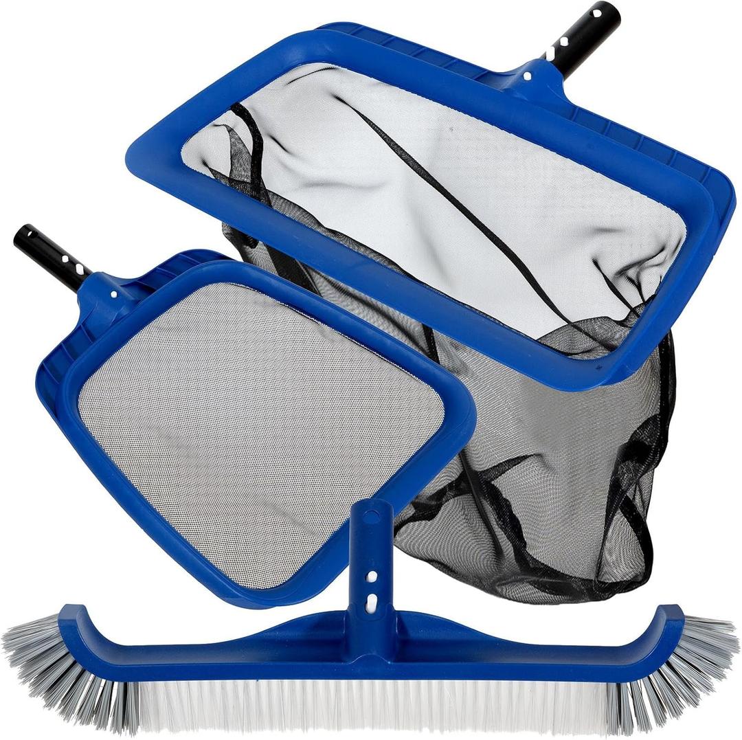 POOLAZ Pool Cleaning Kit, 3 in 1 Pool Net Skimmer & Pool Brush Head for Inground Pools & Above Ground Pools, Durable Pool Skimmer Nets & Pool Brush Compatible with Standard Pool Pole