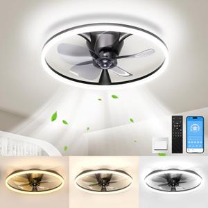 Ceiling Fans with Lights and Remote, 20'' Flush Mount Ceiling Fan of 150 Ultra Wide, Low Profile Ceiling Fan with 6 Speeds, 3000-6500K Dimmable Led for Bedroom Livingroom, Black