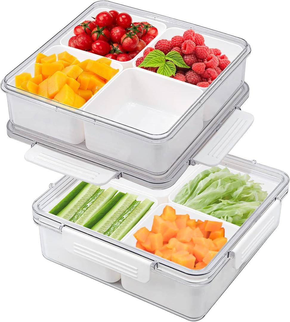 MineSign 2Pack Divided Veggie Tray with Lid Snackle Box Serving Container Salad Keeper with 4 Removable Boxes Stackable Refrigerator Organizer Bins Produce Saver for Meal Prep Fruit (2 Pack)