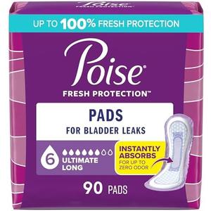 Poise Incontinence & Postpartum Pads for Bladder Leaks, 6 Drop Ultimate Absorbency, Long Length, 90 Count, Packaging May Vary