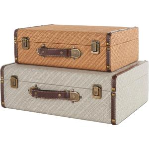Deco 79 Wooden Decorative Trunk Vintage Studded Woven Storage Decorative Large Boxes with Bronze Latches and Brown Handles, Set of 2 Storage Trunks 16", 14"W, Multi Colored
