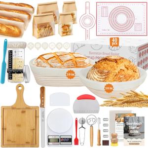 Aliggbent 40Pcs Sourdough Bread Baking Supplies, 10'' Round & Oval Banneton Bread Proofing Baskets with 24 oz Sourdough Starter Jar Kit, Digital Scale, Cutting Board, Knife, Bags  Bread Making Tools