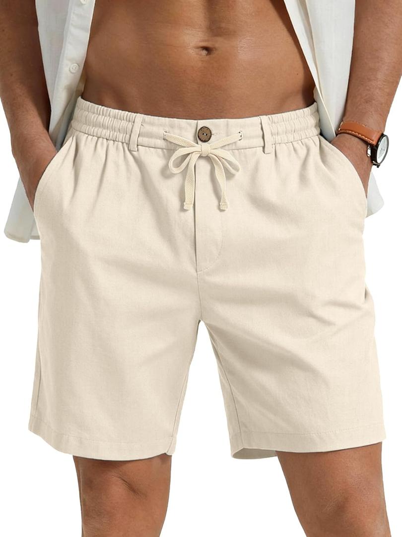 PLEPAN Mens Casual Linen Shorts - 7 inch Elastic Waist Drawstring Summer Beach Vacation Short (Large, Beige)