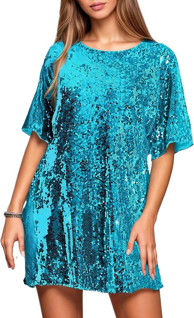 Women's Crew Neck Sequin Dress for Women Sexy V Neck Shirt Dress Sparkly Half Sleeve Loose Party Club Cocktail Dress (Blue, L)