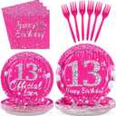 96 Pcs 13th Birthday Party Supplies Disposable Hot Pink 13 Years Old Birthday Plates and Napkins Tableware Set 13th Birthday Decorations for Girls Official Teen Happy 13th Birthday Party Serves 24