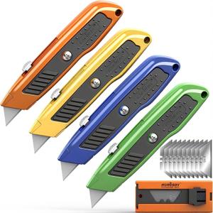 HORUSDY 4-Pack Box Cutter Utility Knife, Heavy Duty Aluminum Shell Retractable Box Cutter for Cardboard, Boxes and Cartons, Extra 10 Blades
