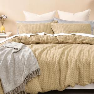 PHF 100% Cotton Waffle Duvet Cover Full, Ultra Soft Skin-Friendly Duvet Cover Set for All Season, Luxury Decorative Textured Comforter Cover with Pillow Shams Bedding Collection, 80"x90", Khaki