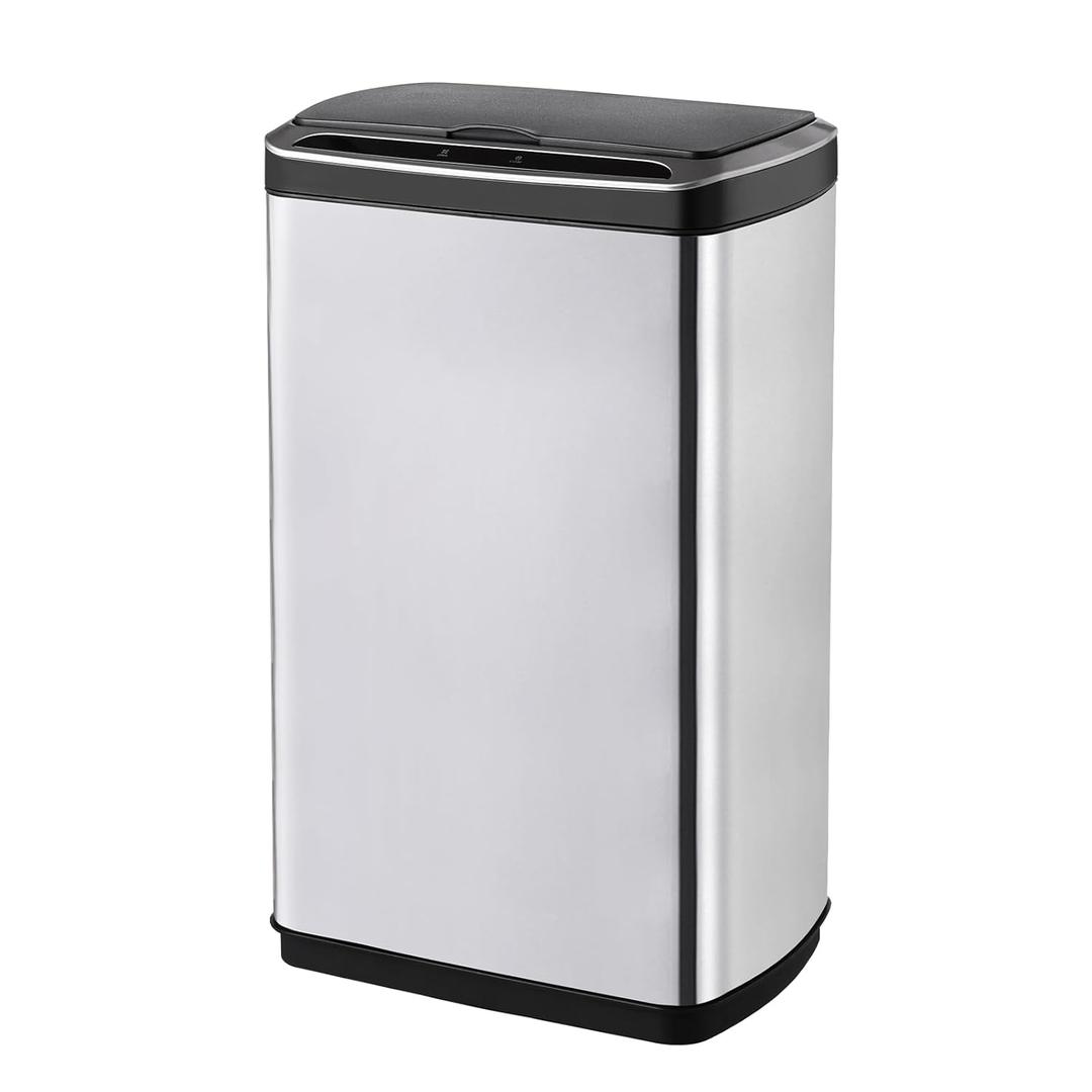 ELPHECO 50 Liter / 13.2 Gallon Rectangular Kitchen Trash Can, Brushed Stainless Steel Finish Motion Sensor Trash Can, Automatic Trash can for Kitchen, Living Room, Office, 3 AA Batteries (Excluded) (Silver)