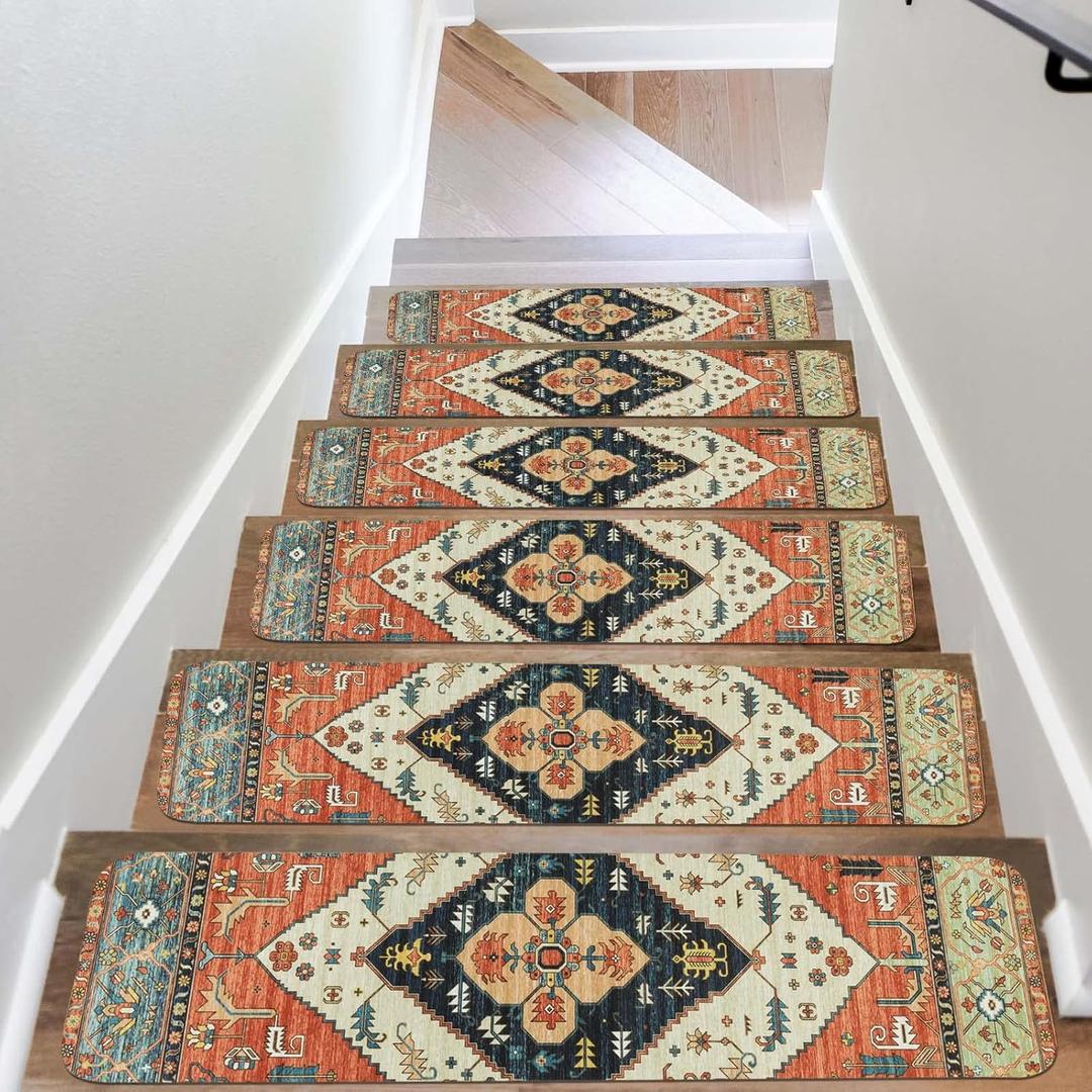 OJIA Non-Slip Carpet Stair Treads for Wooden Steps Set of 15, 30''X8'' Indoor Runner Resistant Rugs Rubber Safety Mats for Dogs, Kids & Elders, Stairway Grip (Oriental)
