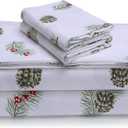 Tribeca Living Portuguese Cotton Flannel Sheets King Size - 170-GSM Deep Pocket Bed Sheet Set for Mattresses up to 21 Inches - 4 Piece Ultra-Soft Printed Bedding in Pine Cones and Berries