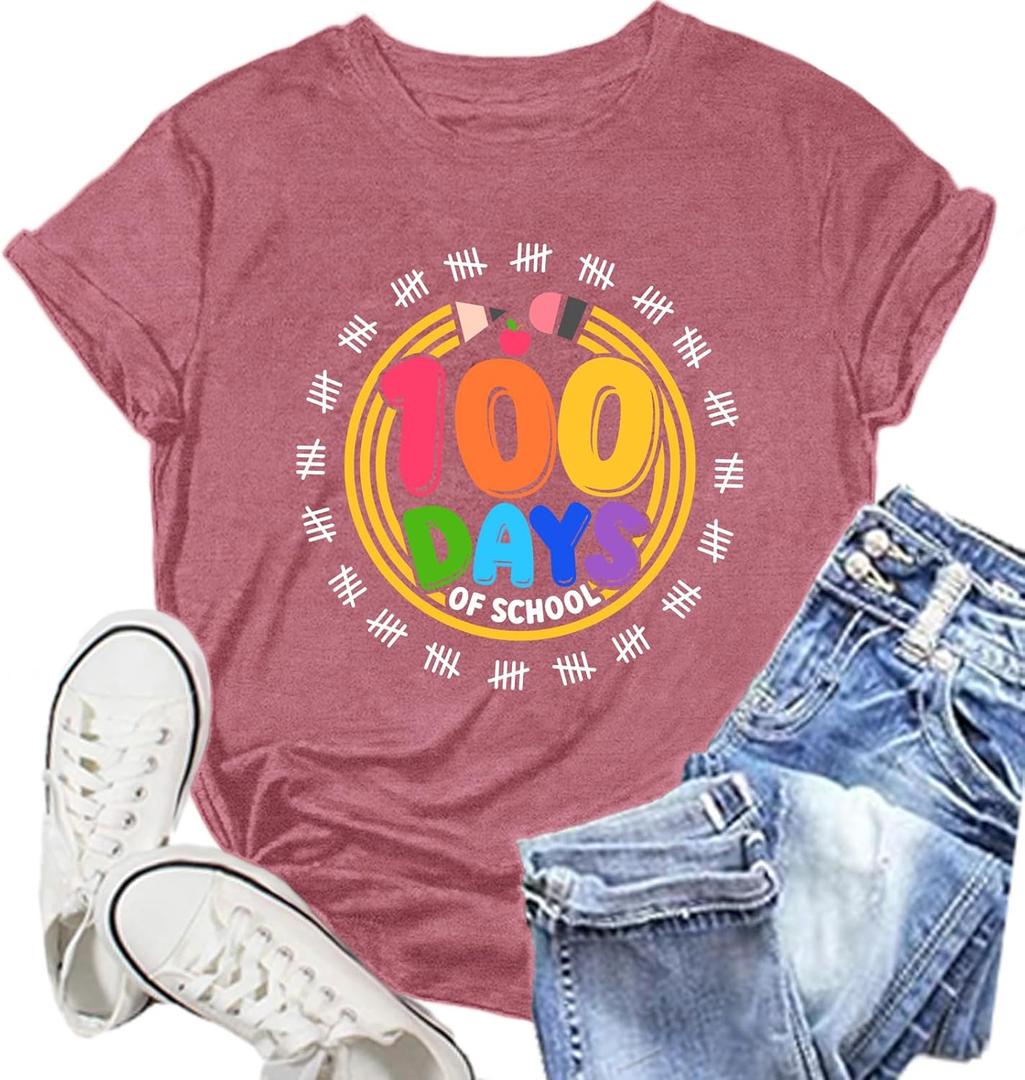 100 Days of School Shirt Womens Teacher Tshirt 100th Day Tee Top (X-Large, Pink)