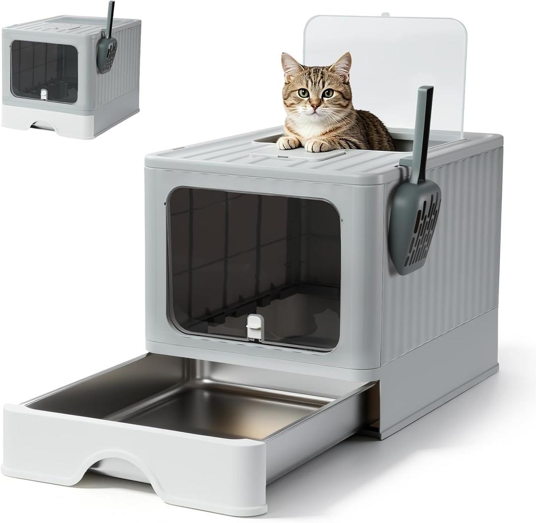 Covered Enclosed Stainless Steel Cat Litter Box,Top Lid with Door(Dog Proof Cat Litter Box),Includes Litter Scoop, Odorless Design, Large Capacity Suitable for Kitten,Medium Cats