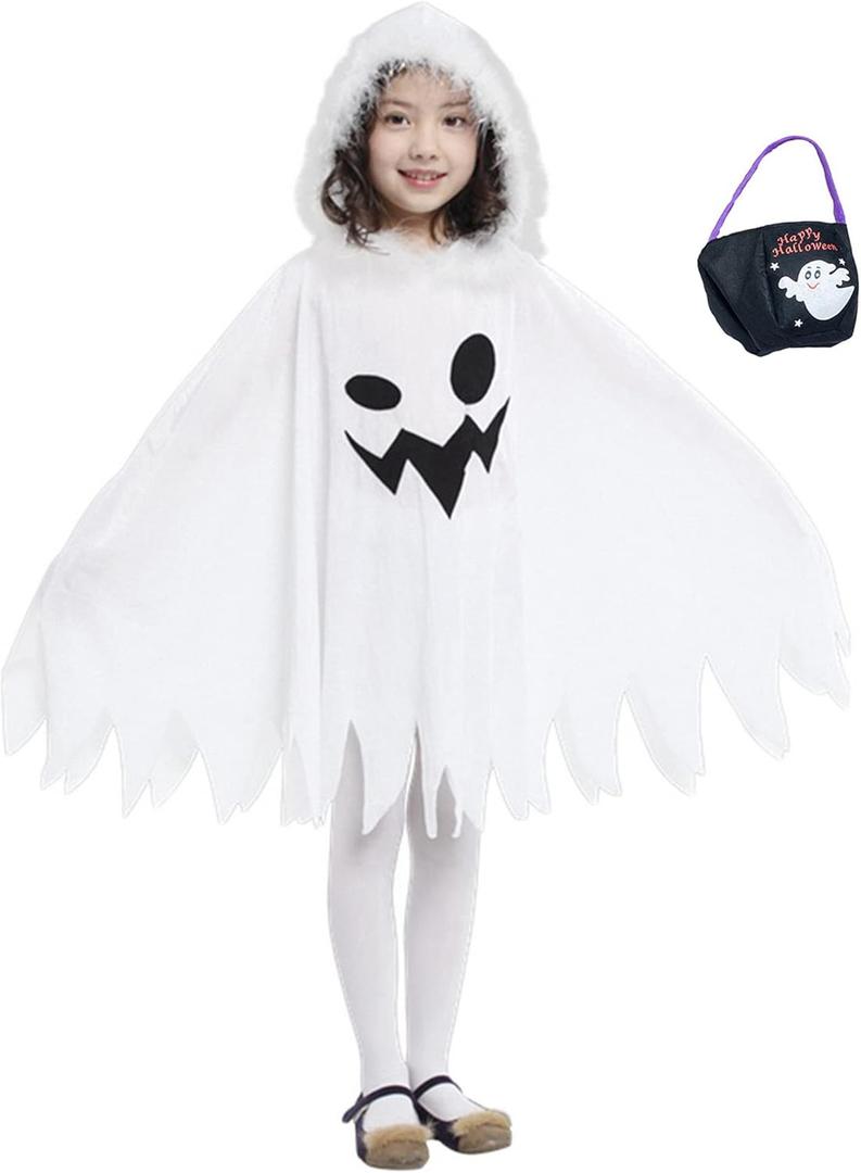 #NA Kids White Ghost Cloak Spooky Trick-or-Treating Halloween Costume with HandBag (7-9 Years)