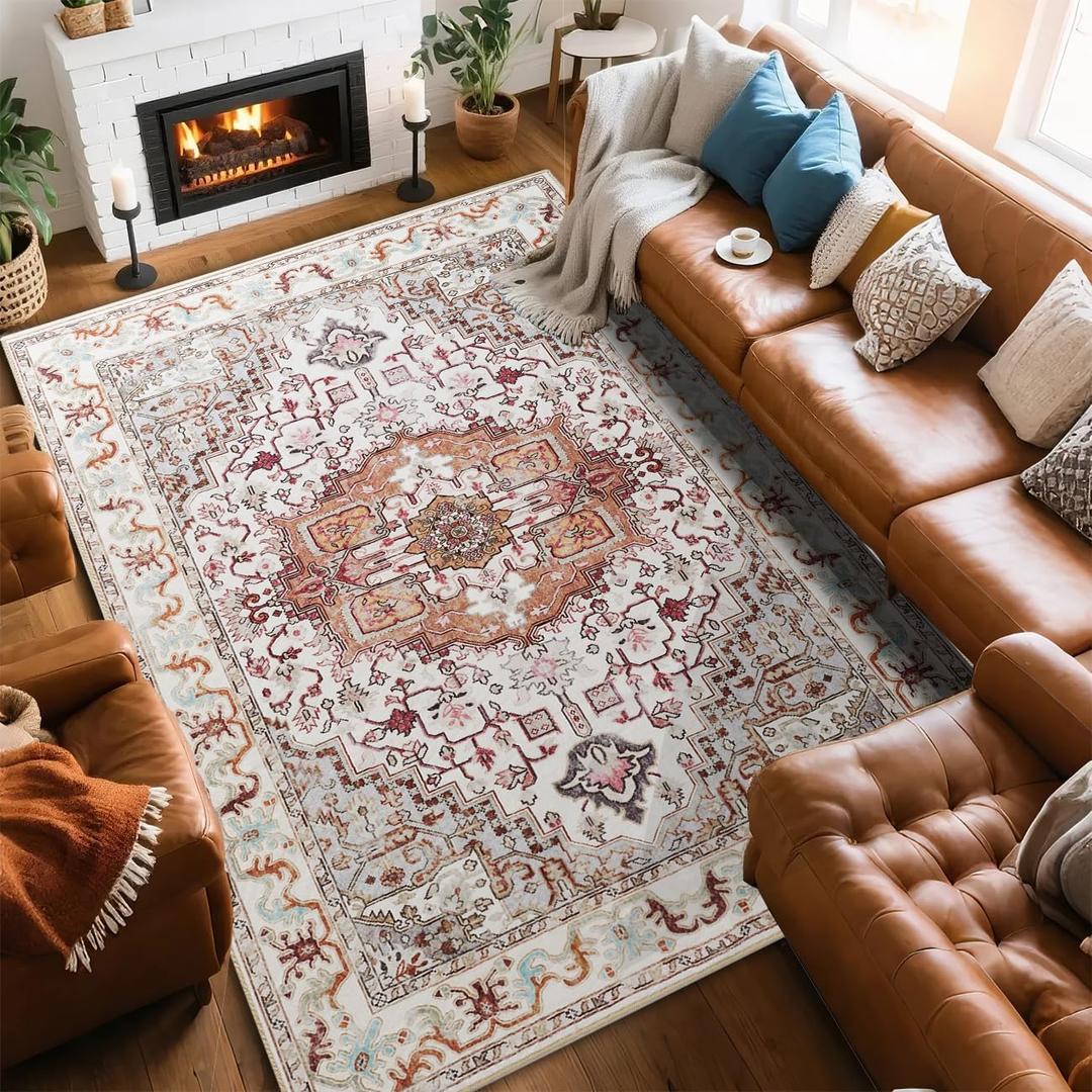 Beglad Large Area Rugs 8x10, Washable Vintage Rugs -Low Pile, Soft Plush Rugs for Bedroom, Kitchen, Dining Room, Stain Resistance, Non Shedding & Kid & Pet Friendly, Beige