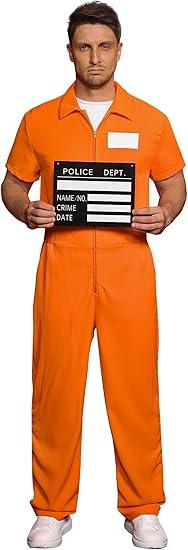 Arvilhill 5 Pcs Prisoner Costume for Men Orange Short Sleeve Uniform Outfit with Handcuffs Sign Number Stickers Tattoo Halloween Clothing M