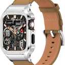 SUPLINK Stainless Steel Case and Band Compatible with Apple Watch Band 38mm 40mm 41mm 42mm 44mm 45mm 46mm 49mm,Leather Strap Metal Case for iWatch Series Ultra 10 9 8 7 6 5 4 3 2 1 SE Men