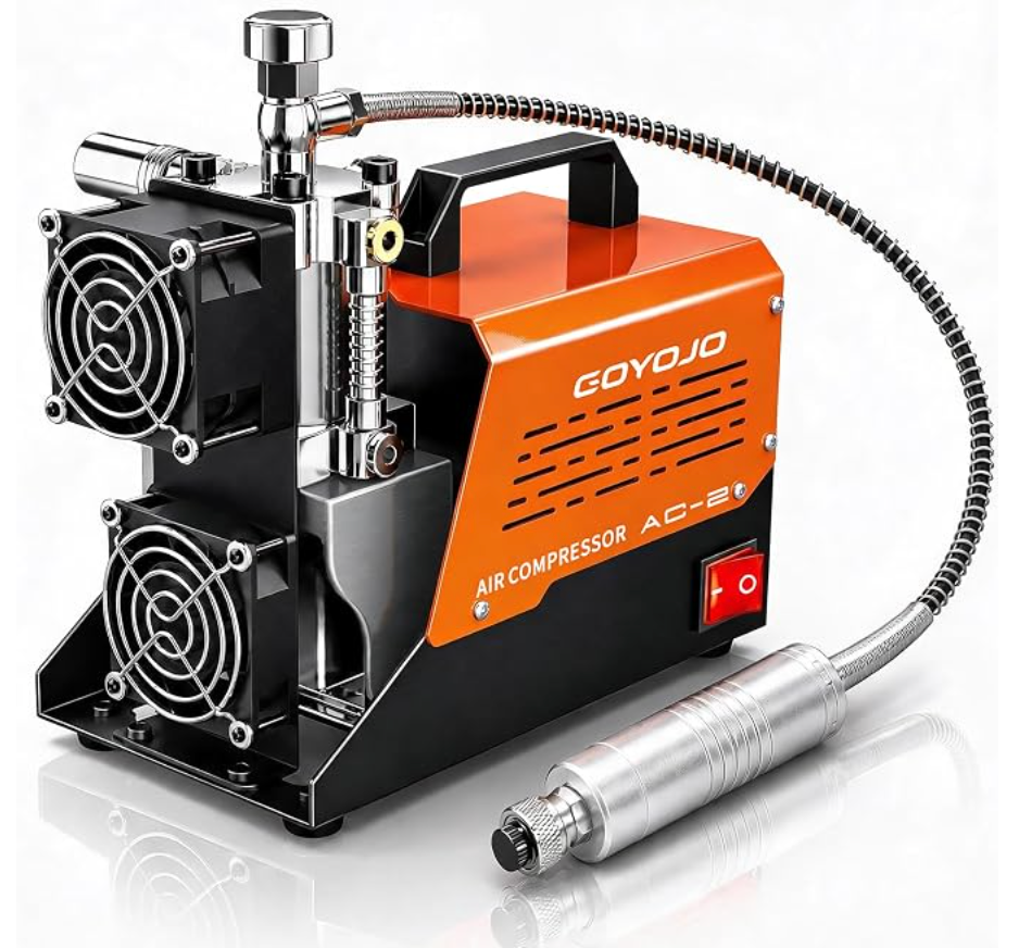 GOYOJO AC-2 PCP Air Compressor, 4500Psi/30Mpa Portable Oil-Free Pump for PCP Air Rifles & HPA Paintball Tanks, Dual Power 12V DC & 110V/220V AC with Converter, Safety Pressure Relief Valve