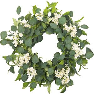 24" Spring Summer Wreaths for Front Door, Artificial Green Eucalyptus White Flower Cherry Blossom Grapevine Base for Farmhouse Porch Wedding Outdoor Indoor Year Round Home Decor