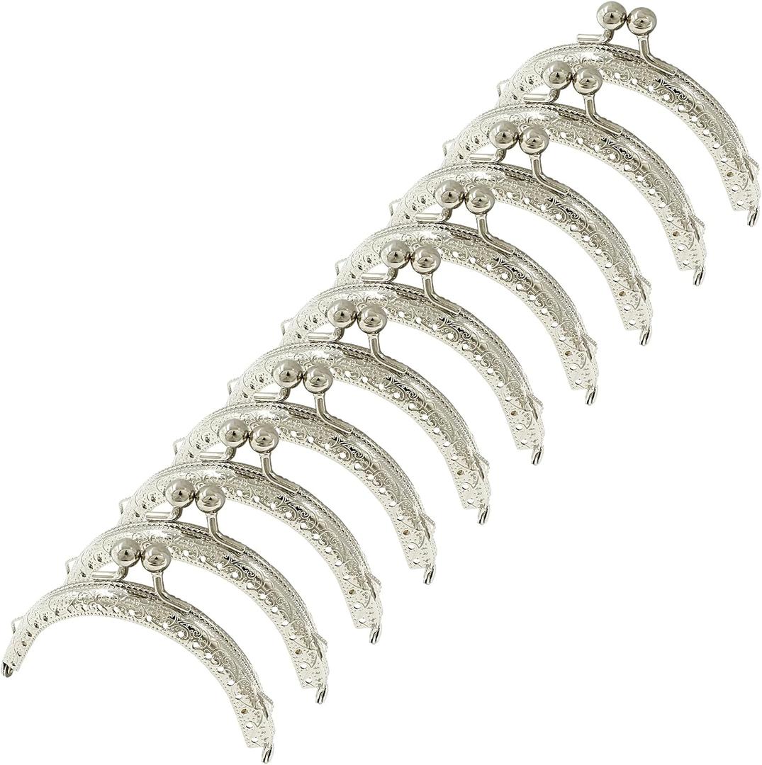 Piutouyar 10 Pcs Metal Purse Frame, Vintage Bag Kiss Clasp Lock, Retro Style Arch Frame Coin Purse Hardware with Lotus Beads Embossed(8.5cm / 3.3inch, Silver)