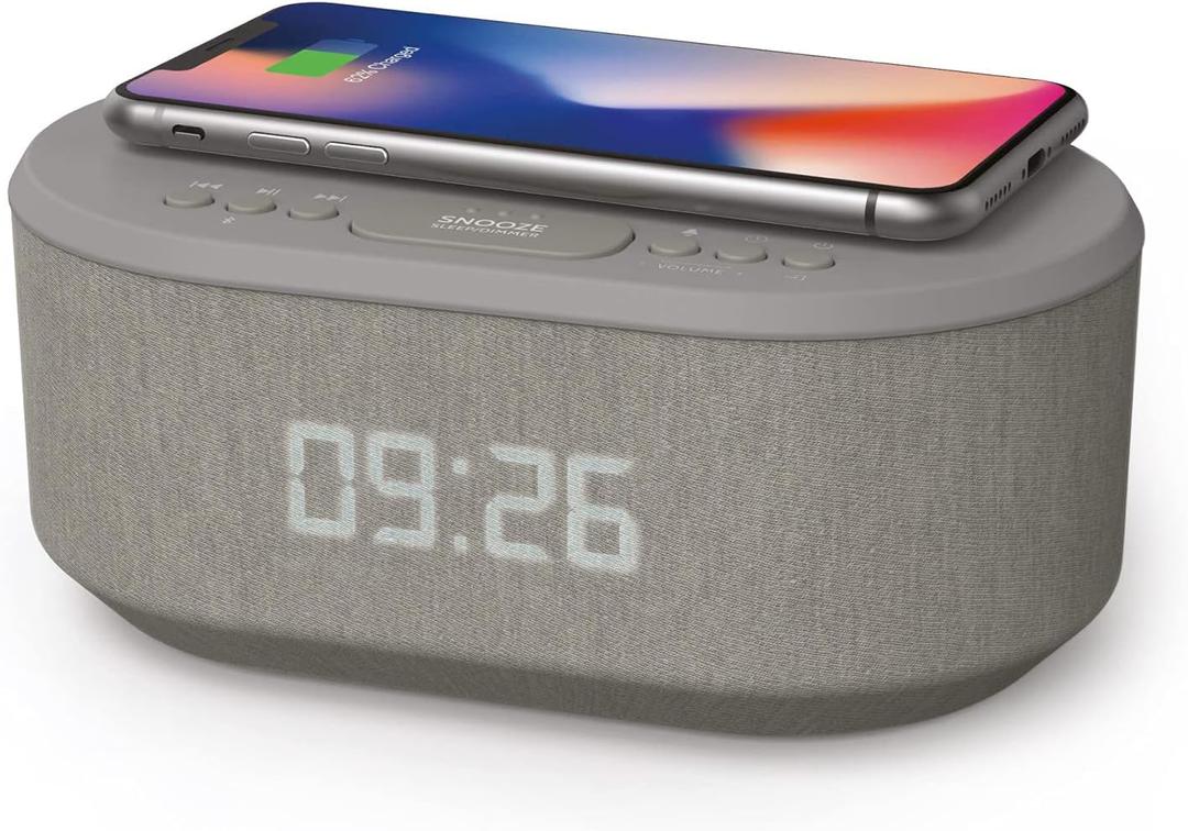 i box Dawn FM Radio, Bluetooth Wireless Speaker, Fast Charging, Clock Radio, LED Display, USB Charger, Dimmable Night Light, Alarm Clock Feature, Wireless Charger, Digital Clock, Dual Alarm (Grey) 