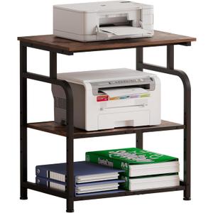 Large Printer Stand with Adjustable Shelf, 3-Tier Rolling Printer Cart with Wheels, Heavy-Duty Wood Printer Table for Home Office, Heat Press and Laser (Rustic Brown)