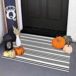 OJIA Fall Front Door Mats Outdoor 24"x35", Cotton Woven Halloween Doormat Front Door Rug Washable Indoor Door Mat Black and White Outdoor Rugs Striped Rug for Porch Decor/Farmhouse/Entryway