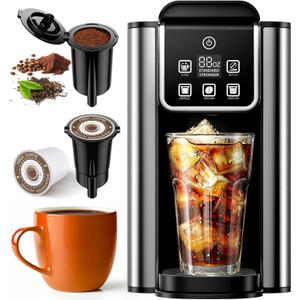 Hot & Iced Coffee Maker with Bold Setting, Single Cup Coffee Machine for K Cup Pods & Grounds, Compact for Home Office Dorm RV, 5 Cup Sizes, 50oz Tank, Fits Travel Mugs, Black