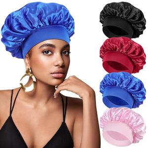 Satin Bonnet, 4Pcs Satin Hair Bonnet for Sleeping, 11 Inches Hair Sleeping Bonnet, Silk Bonnet for Curly Hair, Shower Hair Cap for Sleep Braids Men Women(Black,Blue,Red,Pink)