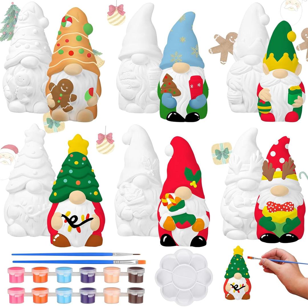 Eersida 6 Sets Gnome Ceramics to Paint Pumpkin Ready to Paint Your Own Ceramic Gnome Statues DIY Unpainted Ceramics Paintable Figurines Kit Crafts with Brush Palette(Christmas)