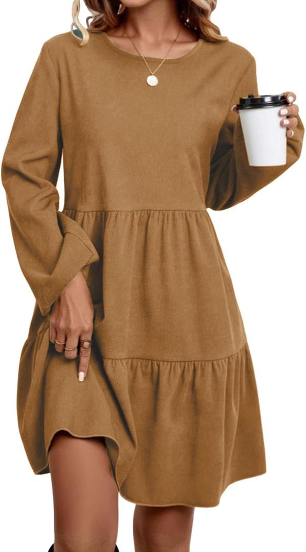 Ladies' Long-Sleeved Mid-Length Dress with a Round Neck and a Waist-Highlighting Short Style for Autumn Casual