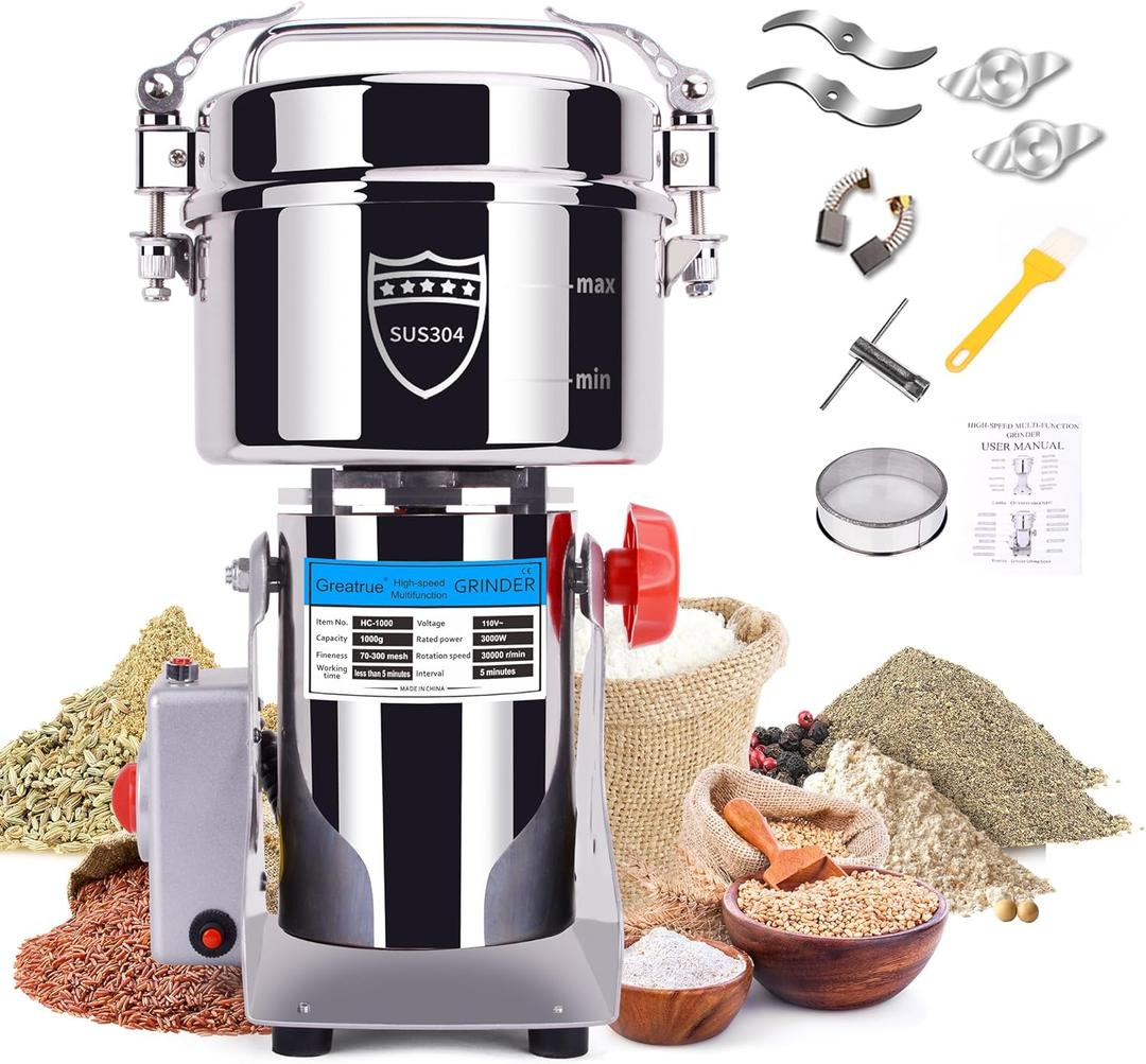 1000g Electric Grain Mill Grinder, 304 Stainless Steel Flour Mill, 3000W High Speed Spice Grinder, Electric Grain Mill for Dry Wheat, Oats, Corn, Pepper and Coffee Beans