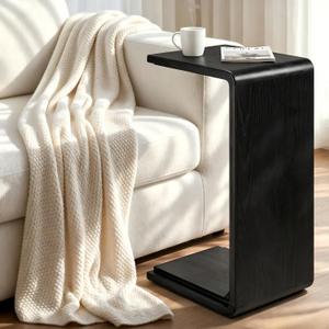Solid Wood C Shaped Sofa Side Table, Small End Table for Couch, Modern Simple Narrow Table for Small Spaces, Mini Coffee Table for Living Room, Bedroom, Bedside (Black)