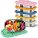 6 Pack Stainless Steel Snack Containers with Silicone Lids, Reusable Stainless Steel Food Containers Snack Box, 2 Compartment Meal Prep Containers for Lunch, Leakproof, Dishwasher Safe