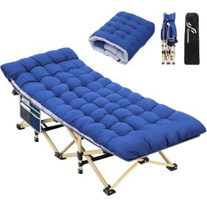 Sportneer Camping Cot for Adults, 28" Extra Wide Heavy-Duty 1200D Oxford Cot with 2 Side Pockets & Mattress, Portable Folding Camp Bed Supports 450 LBS, 10-Second Setup for Camping Travel Home Guest (Blue+blue)