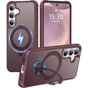 HuwaiH 360 Rotatable Magnetic Ring Stand for Samsung Galaxy S24 Plus/S25 Plus Case, Compatible with MagSafe, Military-Grade Shockproof, Anti-Scratch Matte Translucent Phone Case(Burgundy)