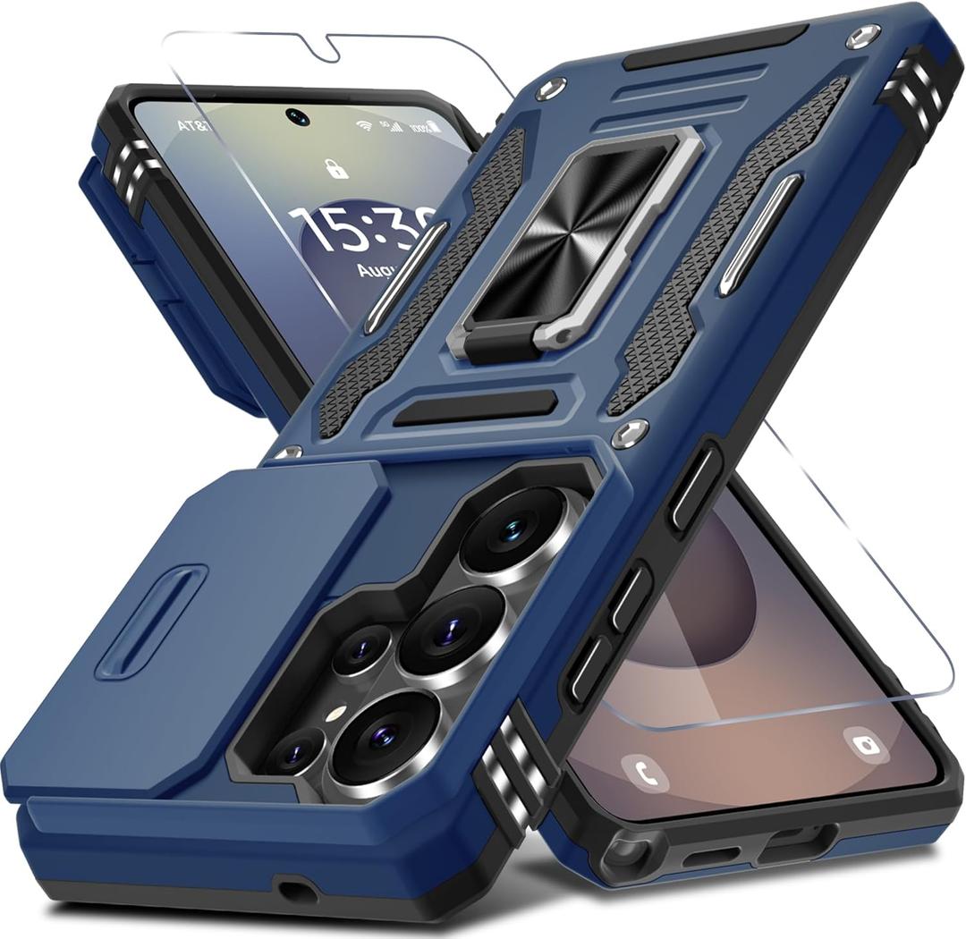 DEERLAMN Case for Samsung Galaxy S26 Ultra 6.9-Inch with Slide Camera Cover+Screen Protector(1 Pack), Rotated Ring Kickstand Military Grade Shockproof Protective Cover-Navy Blue