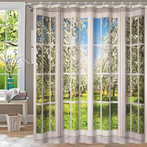 72x72inch Spring Natural Scenery Shower Curtain Sets with Hooks French Style Spring Scenery Outside Window Bath Curtain for Bathroom European White Curtain Pattern Bathtubs Stall Decor