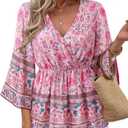 Bebonnie Womens 3/4 Sleeve V Neck Boho Dressy Casual Peplum Blouses Elastic Waist Tunic Tops 3XL