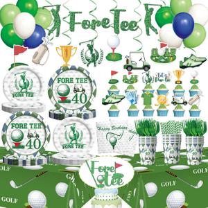 Golf 40th Birthday Decorations, 194 PCs Fore Tee Golf Party Decor Tableware Supplies with Napkins Plates Forks Cups Straws Balloons Banner Tablecloths Cake Cupcake Toppers