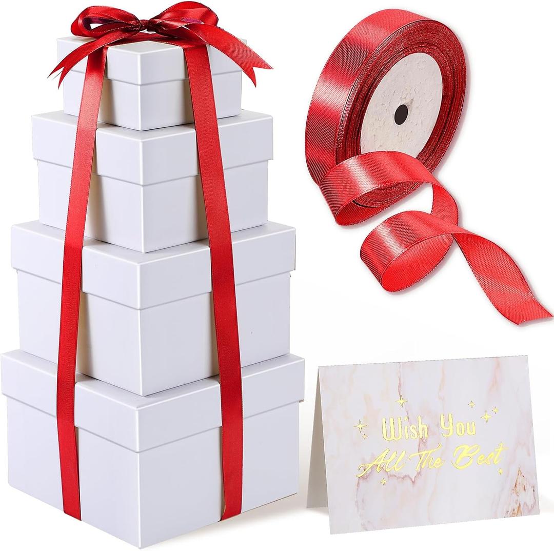 Marspark 4 Pcs Christmas Nesting Gift Boxes with Lids Stackable Square Nested Boxes Set with Ribbon Large to Small Size Prank Annoying Nested Gift Wrapping for Valentine, Weddings, Birthday(White)
