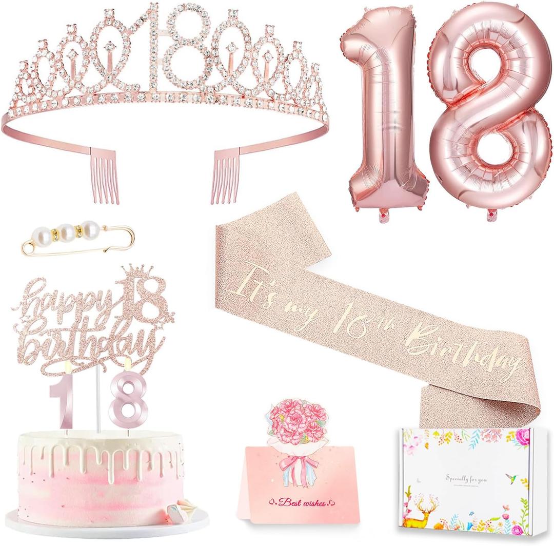 18th birthday decorations for girls, Including 18th Happy Birthday Gifts Queen Sash with Pearl Pin, Sweet Rhinestone Tiara Crown, Cake Toppers, Number Candles and Balloons Set, Rose Gold