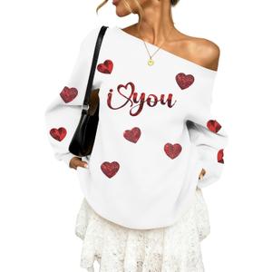 BANGELY Valentines Off Shoulder Sweatshirt Women Love Heart Long Sleeve Shirt Casual Oversized Sweatshirts Fashion Sequin Top (White, L)
