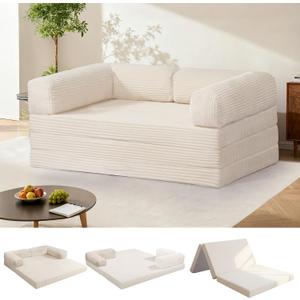 Tri-Fold Foldable Mattress, Convertible Folding Sofa Bed with Removable Arms & Washable Cover, All-in-One Portable Mattress Floor Sofa Bed, No Assembly Required & Non-Slip, Full Size, Beige