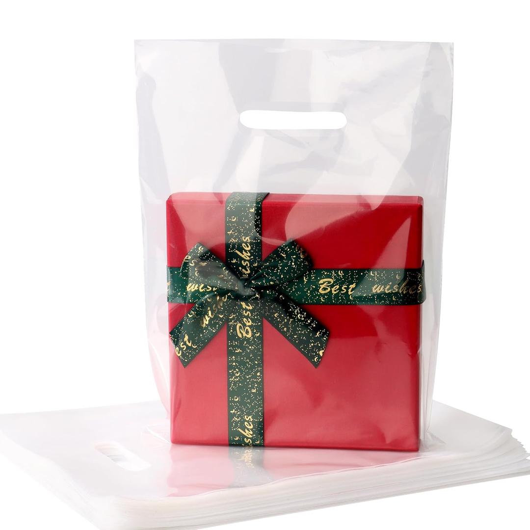 100 Pack Clear Plastic Bags with Handles 9"x12", 1.75 Mil Thick Retail Shopping & Boutique Goodie Bags for Small Business & Gifts